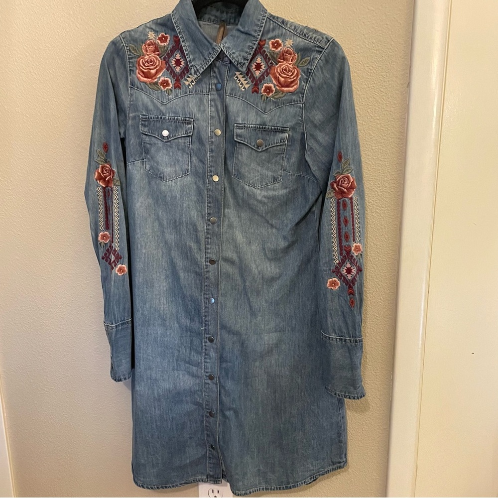 Stetson Denim Long Sleeve Dress with Embroidered Roses